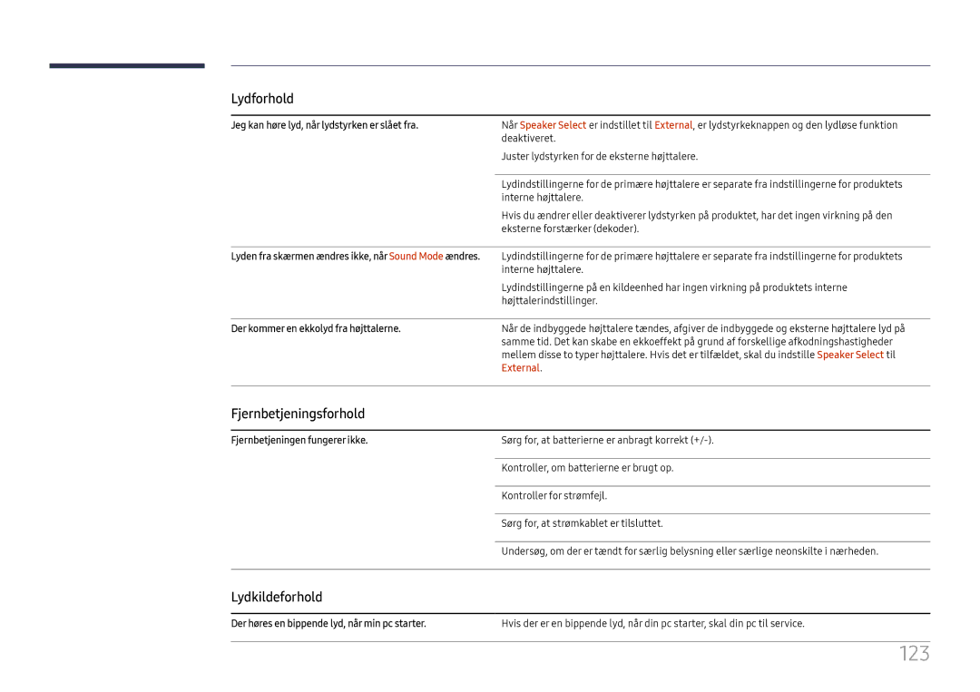 Samsung LH49RMHELGW/EN manual 123, Fjernbetjeningsforhold, Lydkildeforhold 