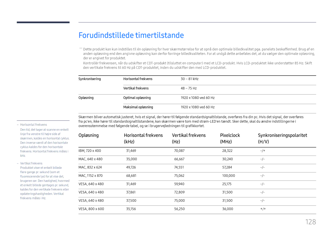 Samsung LH49RMHELGW/EN manual Forudindstillede timertilstande, 128 