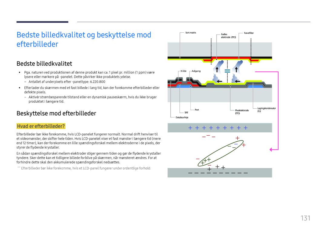 Samsung LH49RMHELGW/EN manual Bedste billedkvalitet og beskyttelse mod efterbilleder, 131, Beskyttelse mod efterbilleder 