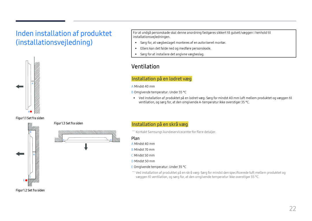 Samsung LH49RMHELGW/EN manual Ventilation, Installation på en lodret væg, Installation på en skrå væg, Plan 