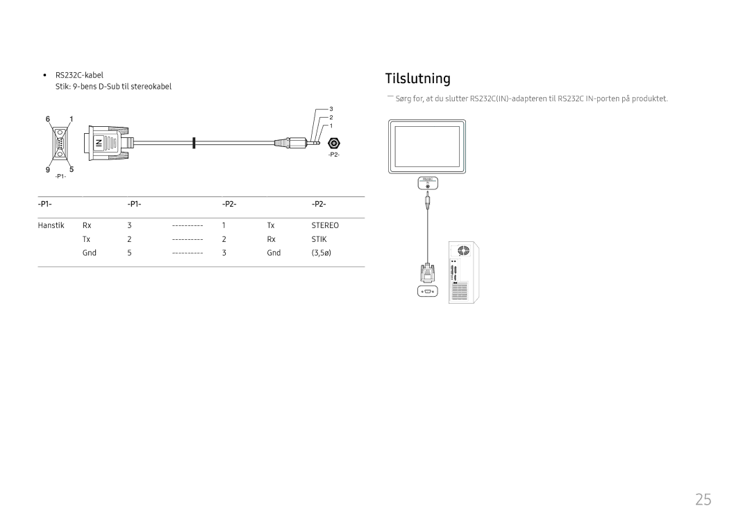 Samsung LH49RMHELGW/EN manual Tilslutning, RS232C-kabel, Stik 9-bens D-Sub til stereokabel, Hanstik, Gnd 