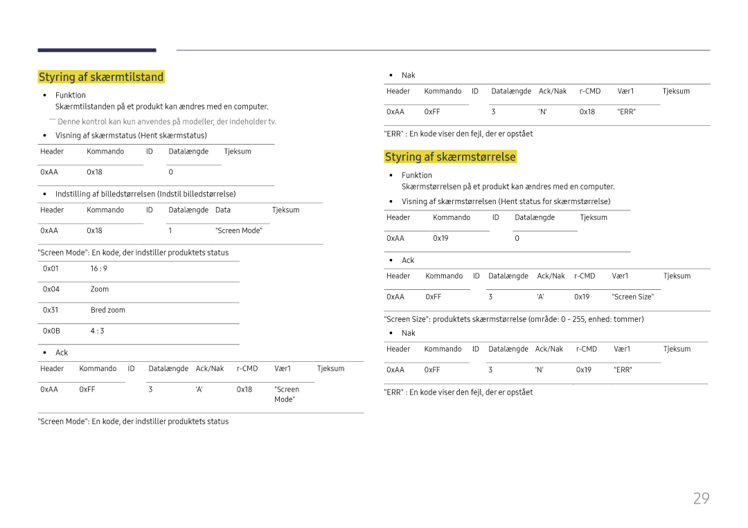 Samsung LH49RMHELGW/EN manual Styring af skærmtilstand 