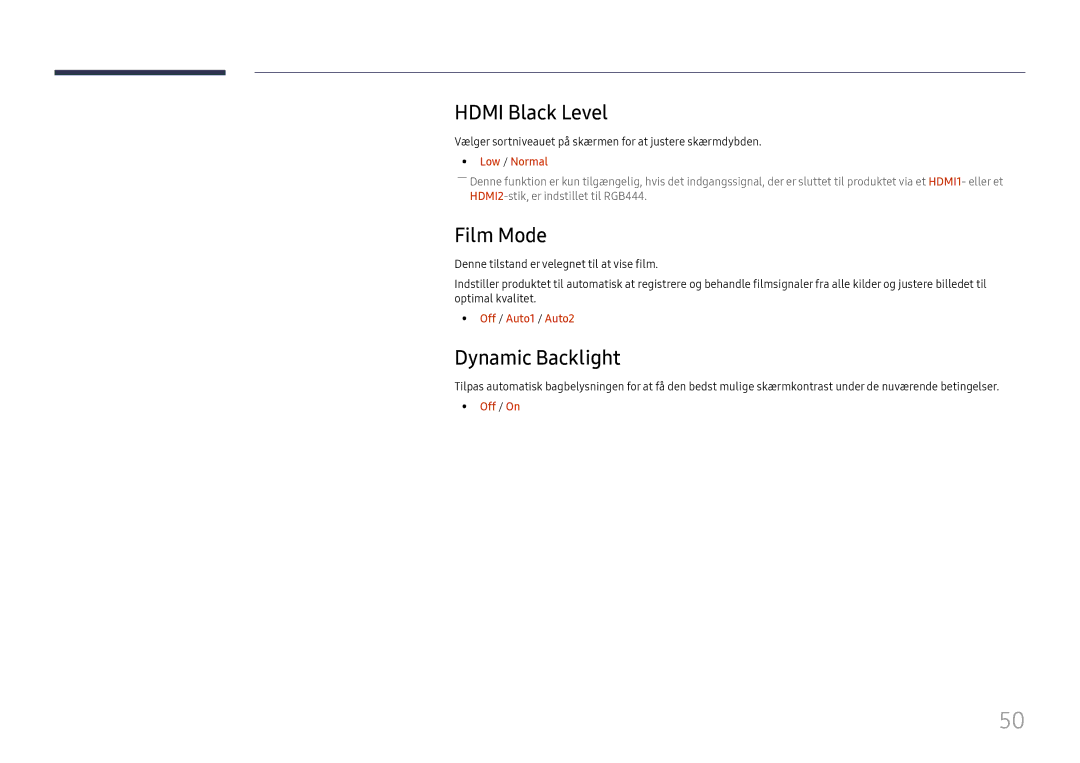 Samsung LH49RMHELGW/EN manual Hdmi Black Level, Film Mode, Dynamic Backlight, Low / Normal, Off / Auto1 / Auto2 