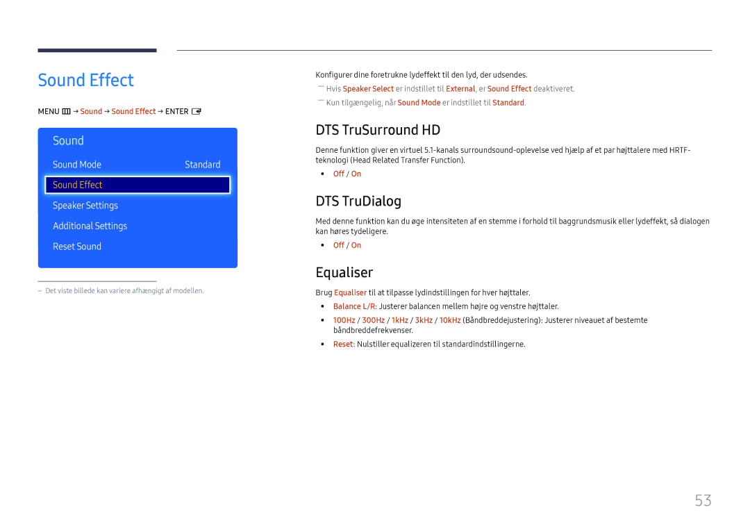 Samsung LH49RMHELGW/EN manual Sound Effect, DTS TruSurround HD, DTS TruDialog, Equaliser 