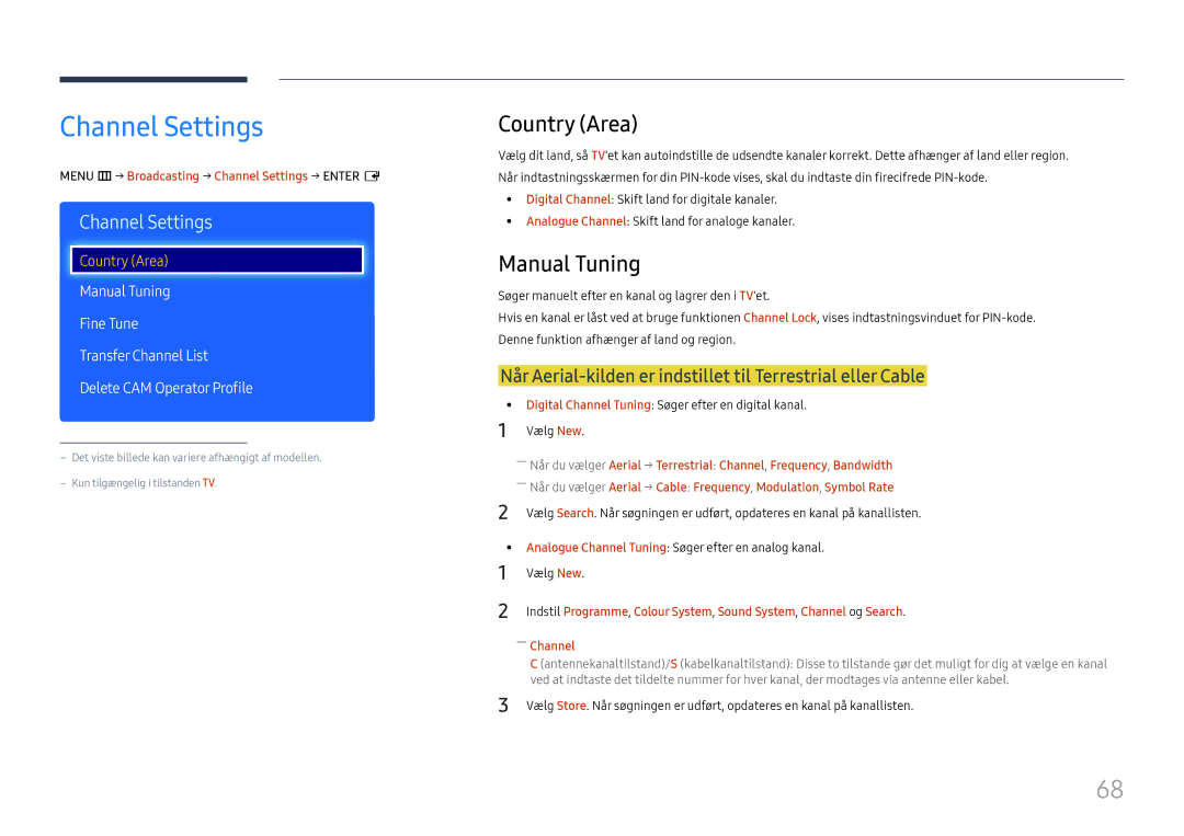 Samsung LH49RMHELGW/EN manual Channel Settings, Country Area, Manual Tuning 