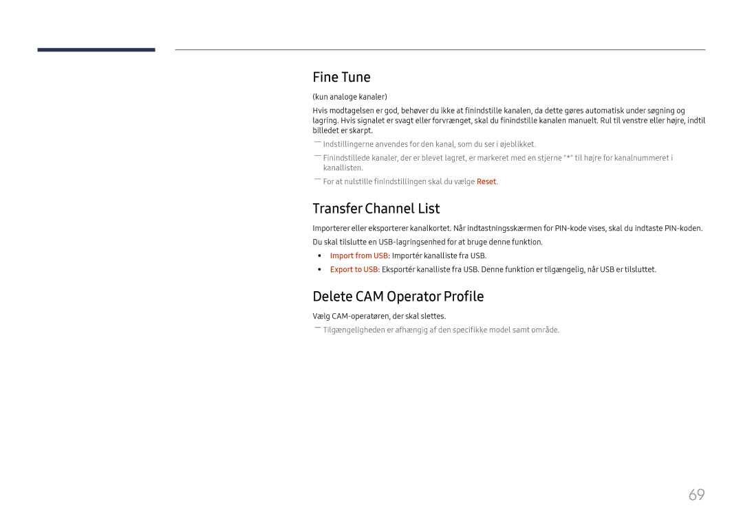 Samsung LH49RMHELGW/EN manual Fine Tune, Transfer Channel List, Delete CAM Operator Profile 