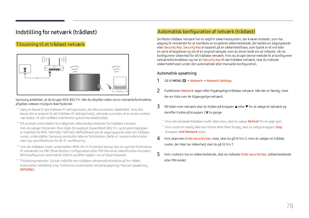 Samsung LH49RMHELGW/EN manual Indstilling for netværk trådløst, Tilslutning til et trådløst netværk, Automatisk opsætning 