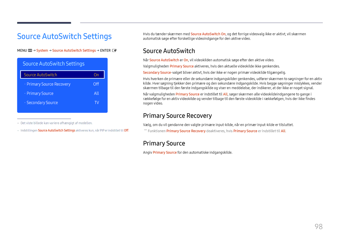 Samsung LH49RMHELGW/EN manual Source AutoSwitch Settings, Primary Source Recovery 