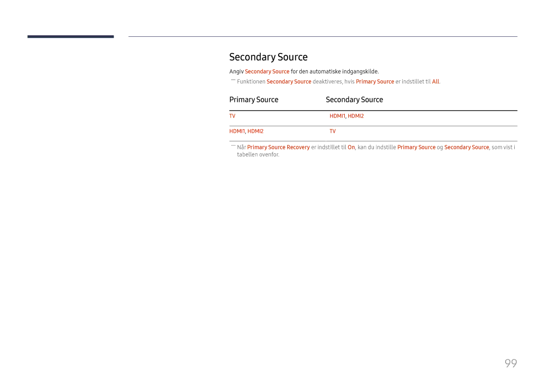 Samsung LH49RMHELGW/EN manual Primary Source Secondary Source, Angiv Secondary Source for den automatiske indgangskilde 