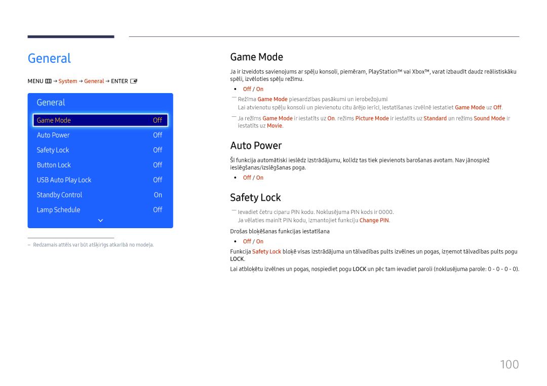 Samsung LH49RMHELGW/EN manual General, 100, Game Mode, Auto Power, Safety Lock 