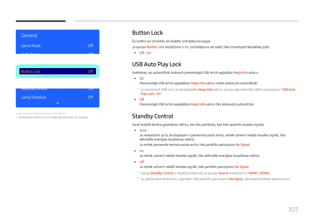 Samsung LH49RMHELGW/EN manual 101, Button Lock, USB Auto Play Lock, Standby Control, Game Mode 