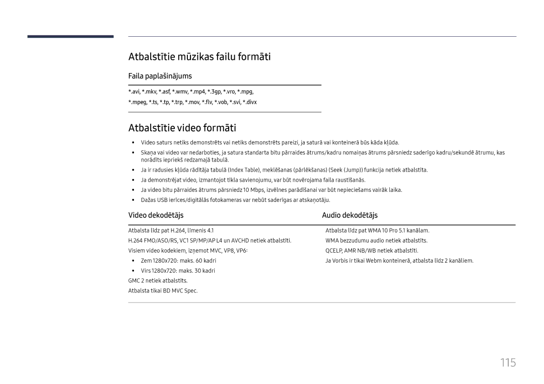 Samsung LH49RMHELGW/EN manual 115, Atbalstītie mūzikas failu formāti, Atbalstītie video formāti, Faila paplašinājums 