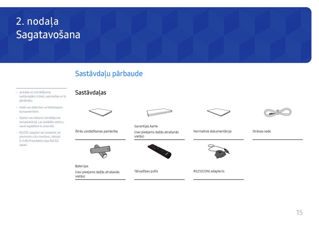 Samsung LH49RMHELGW/EN manual Sagatavošana, Sastāvdaļu pārbaude, Sastāvdaļas 