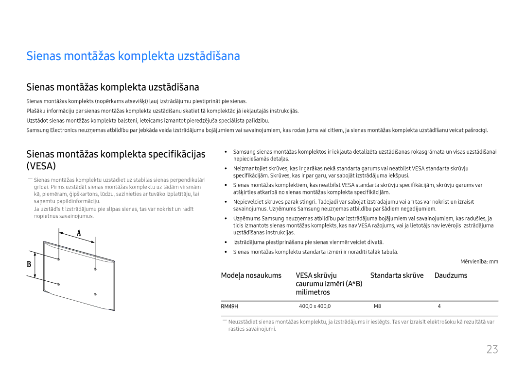 Samsung LH49RMHELGW/EN Sienas montāžas komplekta uzstādīšana, Sienas montāžas komplekta specifikācijas Vesa, Milimetros 