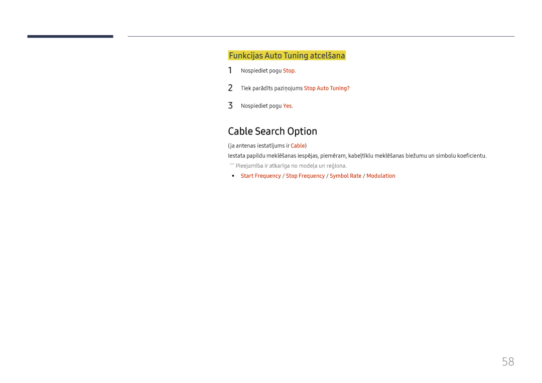 Samsung LH49RMHELGW/EN manual Cable Search Option, Funkcijas Auto Tuning atcelšana 