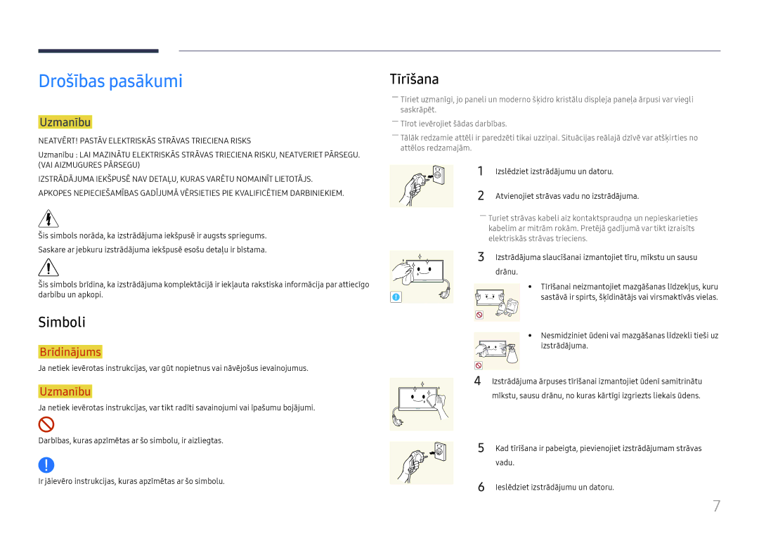 Samsung LH49RMHELGW/EN manual Drošības pasākumi, Simboli, Tīrīšana, Uzmanību 