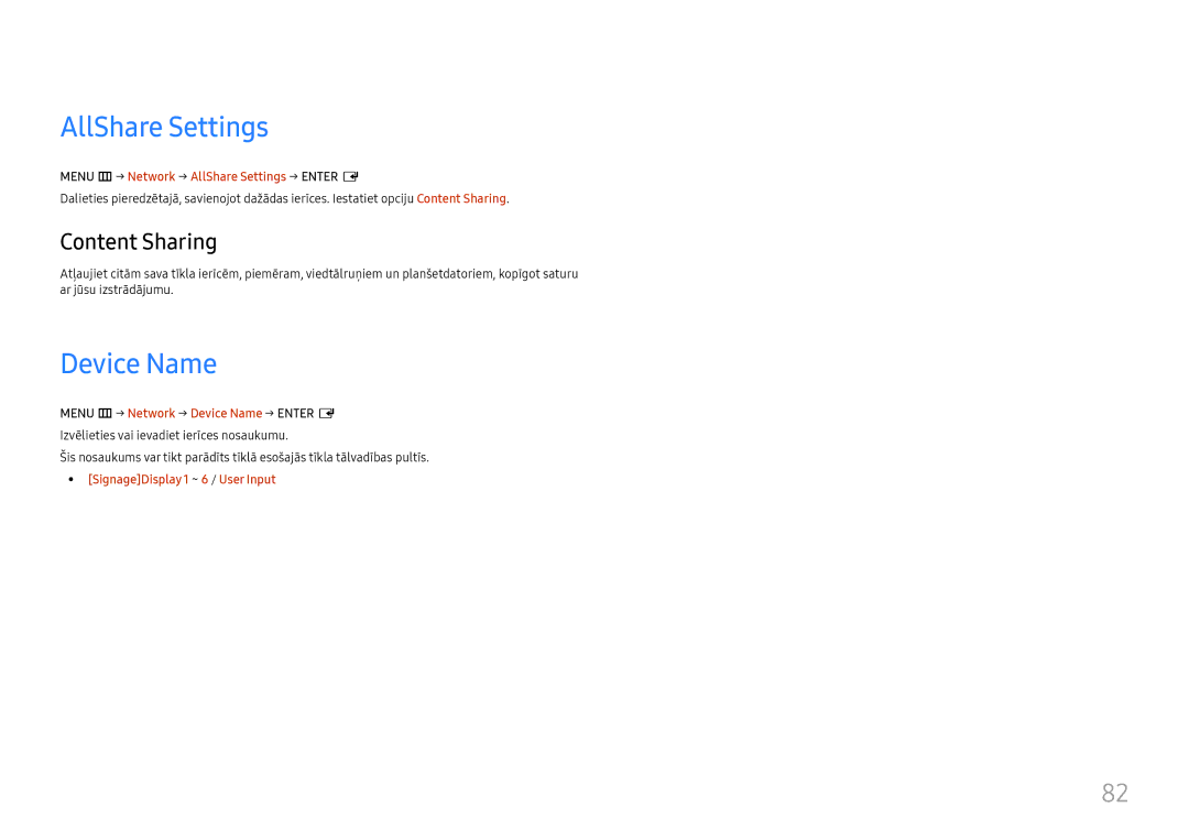 Samsung LH49RMHELGW/EN manual Device Name, Content Sharing, Menu m → Network → AllShare Settings → Enter E 