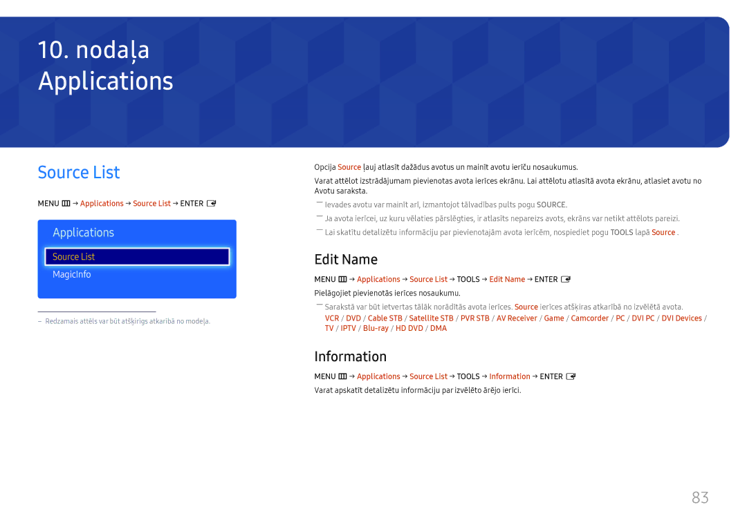 Samsung LH49RMHELGW/EN manual Applications, Source List, Edit Name, Information 