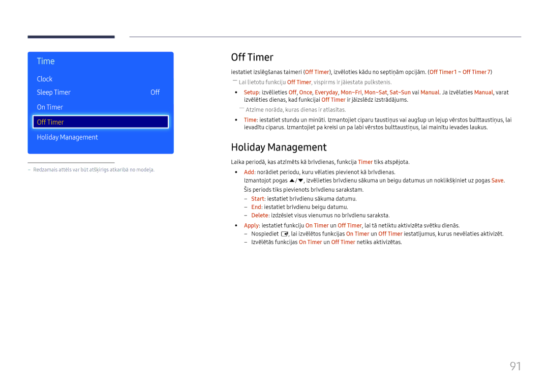 Samsung LH49RMHELGW/EN manual Off Timer, Holiday Management, Clock Sleep Timer Off On Timer 