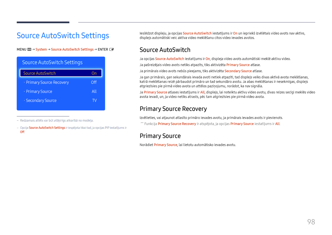 Samsung LH49RMHELGW/EN manual Source AutoSwitch Settings, Primary Source Recovery 