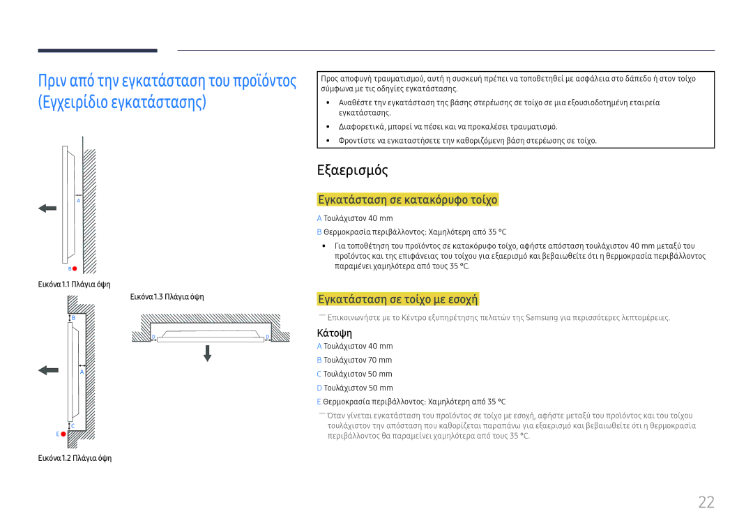 Samsung LH49RMHELGW/EN manual Εξαερισμός, Εγκατάσταση σε κατακόρυφο τοίχο, Εγκατάσταση σε τοίχο με εσοχή, Κάτοψη 