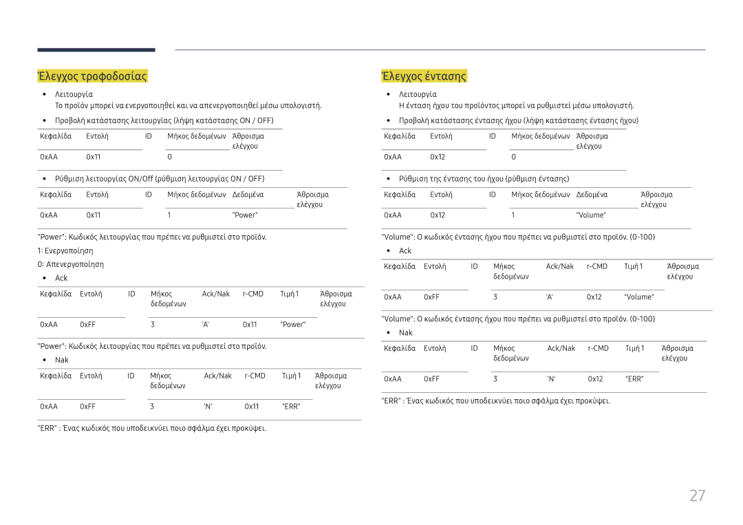 Samsung LH49RMHELGW/EN manual Έλεγχος τροφοδοσίας, Έλεγχος έντασης 