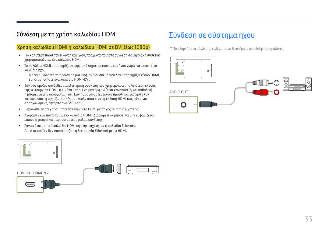 Samsung LH49RMHELGW/EN manual Σύνδεση σε σύστημα ήχου, Χρήση καλωδίου Hdmi ή καλωδίου Hdmi σε DVI έως 1080p 