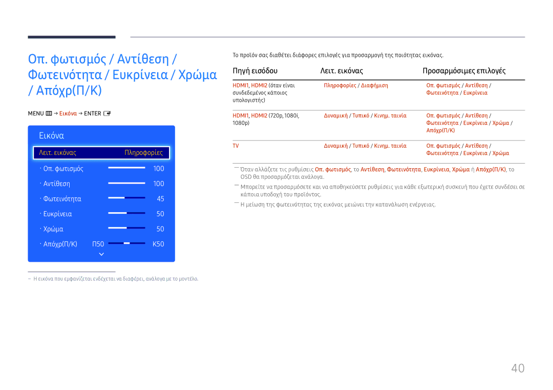 Samsung LH49RMHELGW/EN manual Πηγή εισόδου Λειτ. εικόνας Προσαρμόσιμες επιλογές, Menu m → Εικόνα → Enter E 