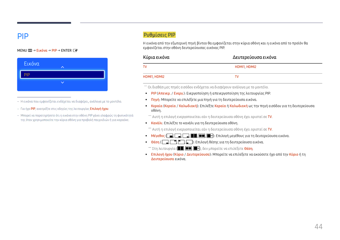 Samsung LH49RMHELGW/EN manual Ρυθμίσεις PIP, Κύρια εικόνα Δευτερεύουσα εικόνα, Menu m → Εικόνα → PIP → Enter E 