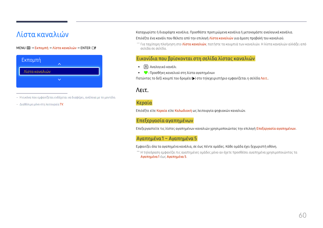 Samsung LH49RMHELGW/EN manual Λίστα καναλιών, Λειτ 