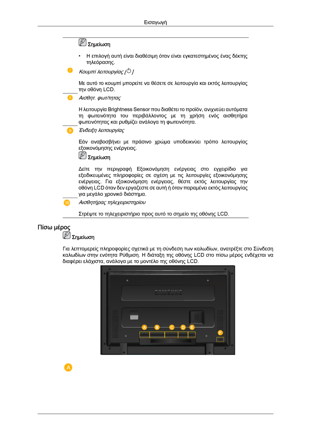 Samsung LH52BPTLBC/EN, LH52BPQLBC/EN, LH52BPPLBC/EN manual Πίσω μέρος, Αισθητ. φωτ/τητας 