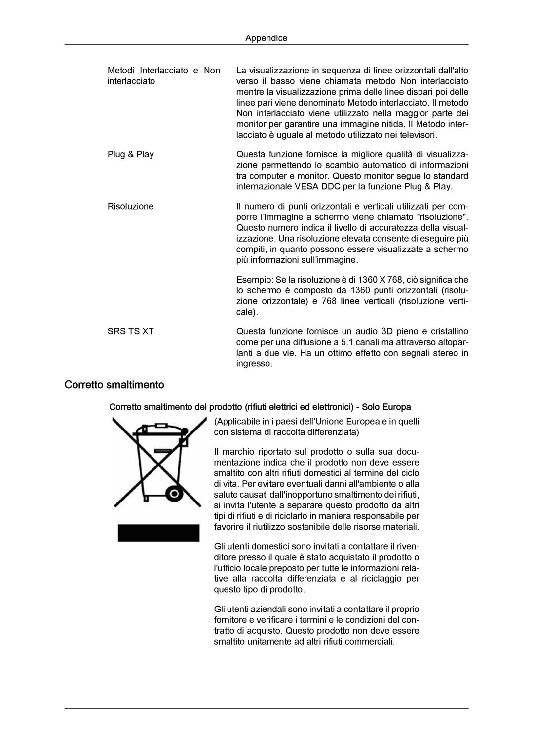 Samsung LH52BPPLBC/EN, LH52BPTLBC/EN manual Corretto smaltimento, Srs Ts Xt 