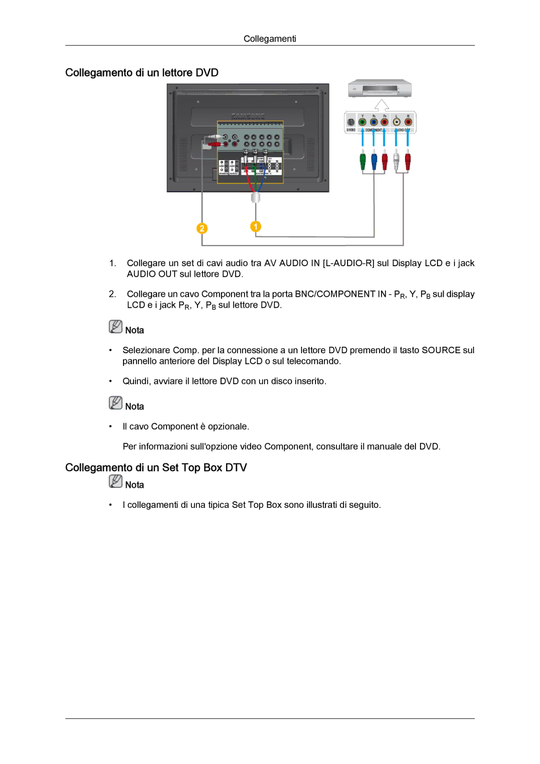 Samsung LH52BPTLBC/EN, LH52BPPLBC/EN manual Collegamento di un lettore DVD, Collegamento di un Set Top Box DTV 