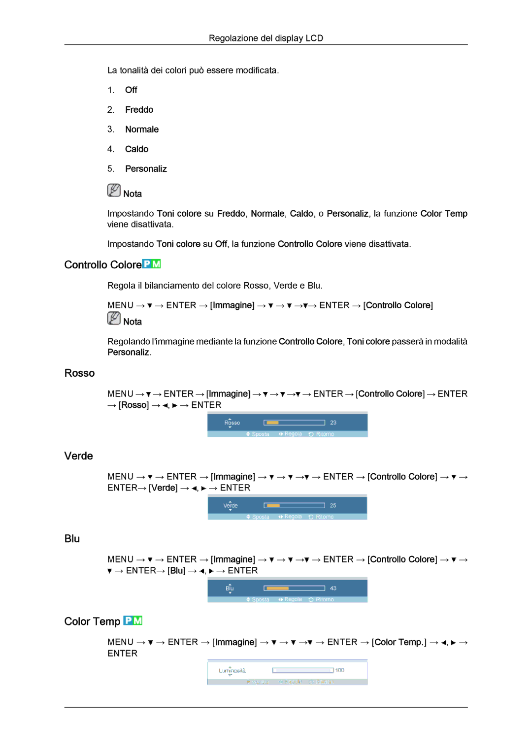 Samsung LH52BPTLBC/EN, LH52BPPLBC/EN manual Controllo Colore, Rosso, Verde, Blu, Color Temp 