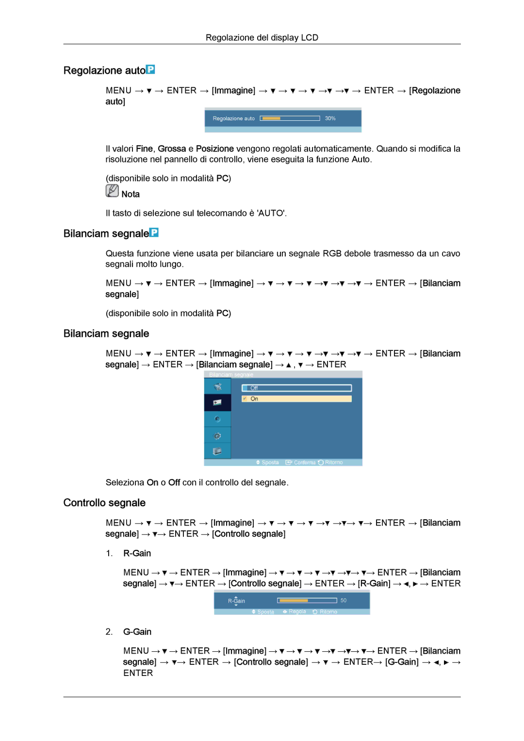 Samsung LH52BPTLBC/EN, LH52BPPLBC/EN manual Regolazione auto, Bilanciam segnale, Controllo segnale, Gain 