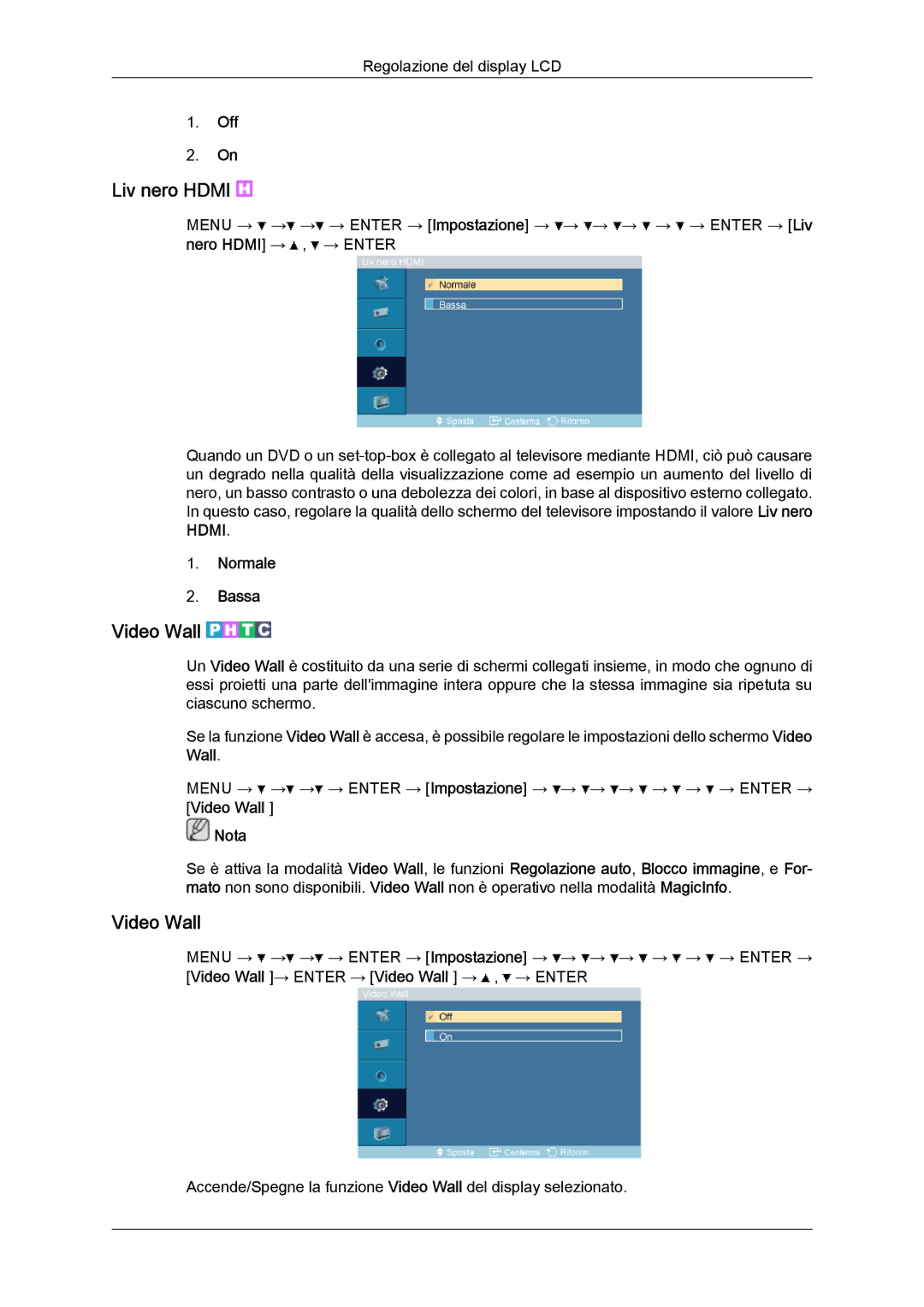 Samsung LH52BPPLBC/EN, LH52BPTLBC/EN manual Liv nero Hdmi, Normale Bassa, Video Wall Nota 