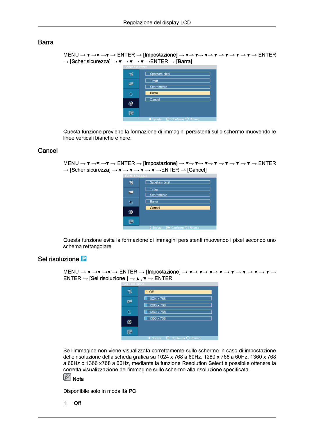 Samsung LH52BPPLBC/EN, LH52BPTLBC/EN manual Cancel, Sel risoluzione, → Scher sicurezza → → → →ENTER → Barra 