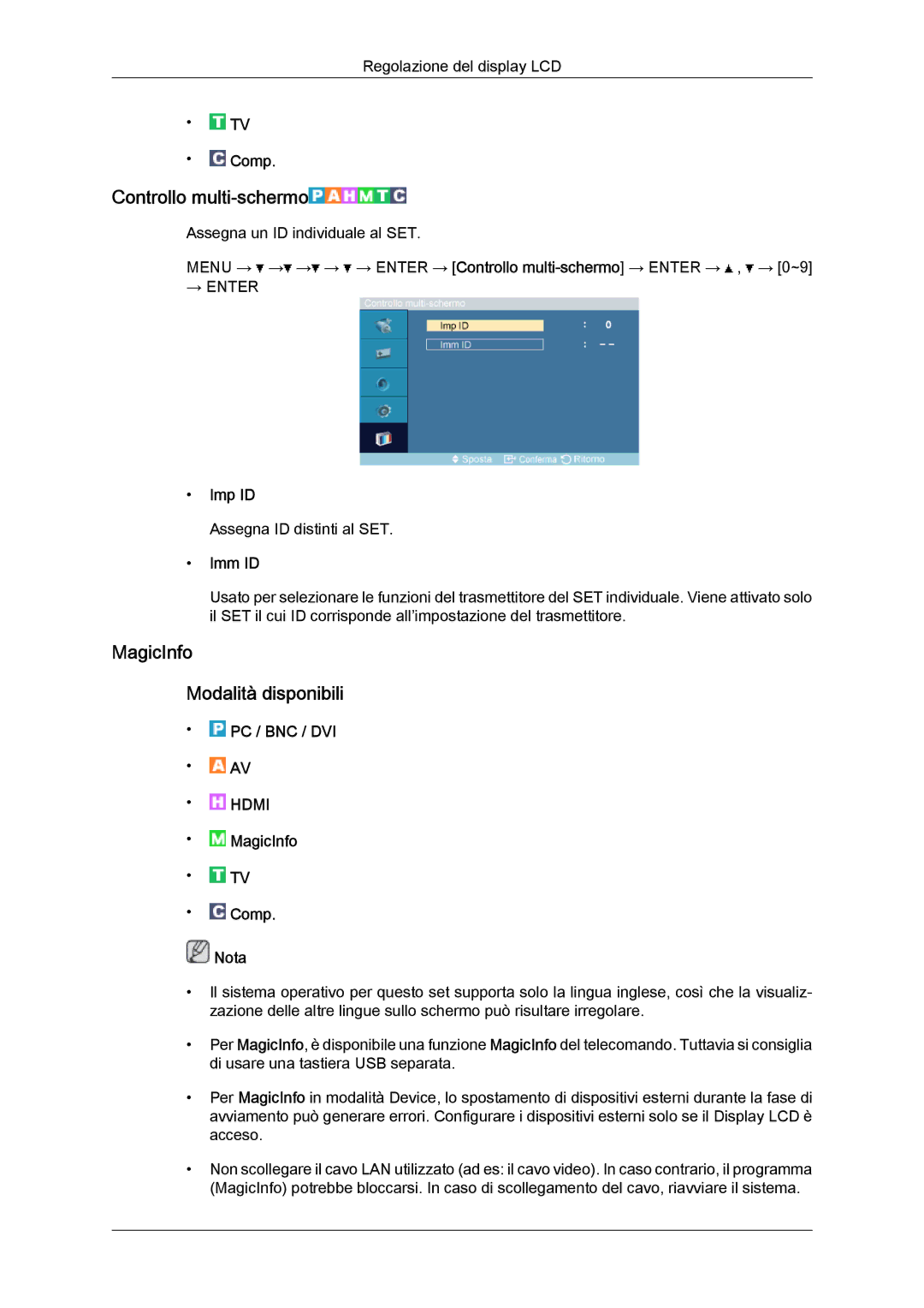 Samsung LH52BPTLBC/EN, LH52BPPLBC/EN manual Controllo multi-schermo, MagicInfo Modalità disponibili, Imp ID, Imm ID 