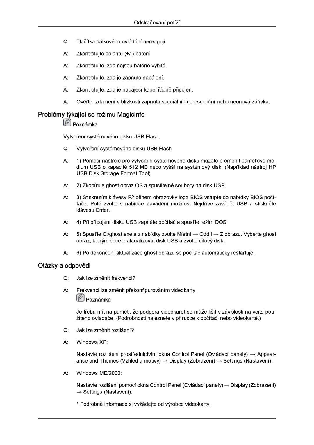 Samsung LH52BPTLBC/EN, LH52BPPLBC/EN manual Problémy týkající se režimu MagicInfo, Otázky a odpovědi 