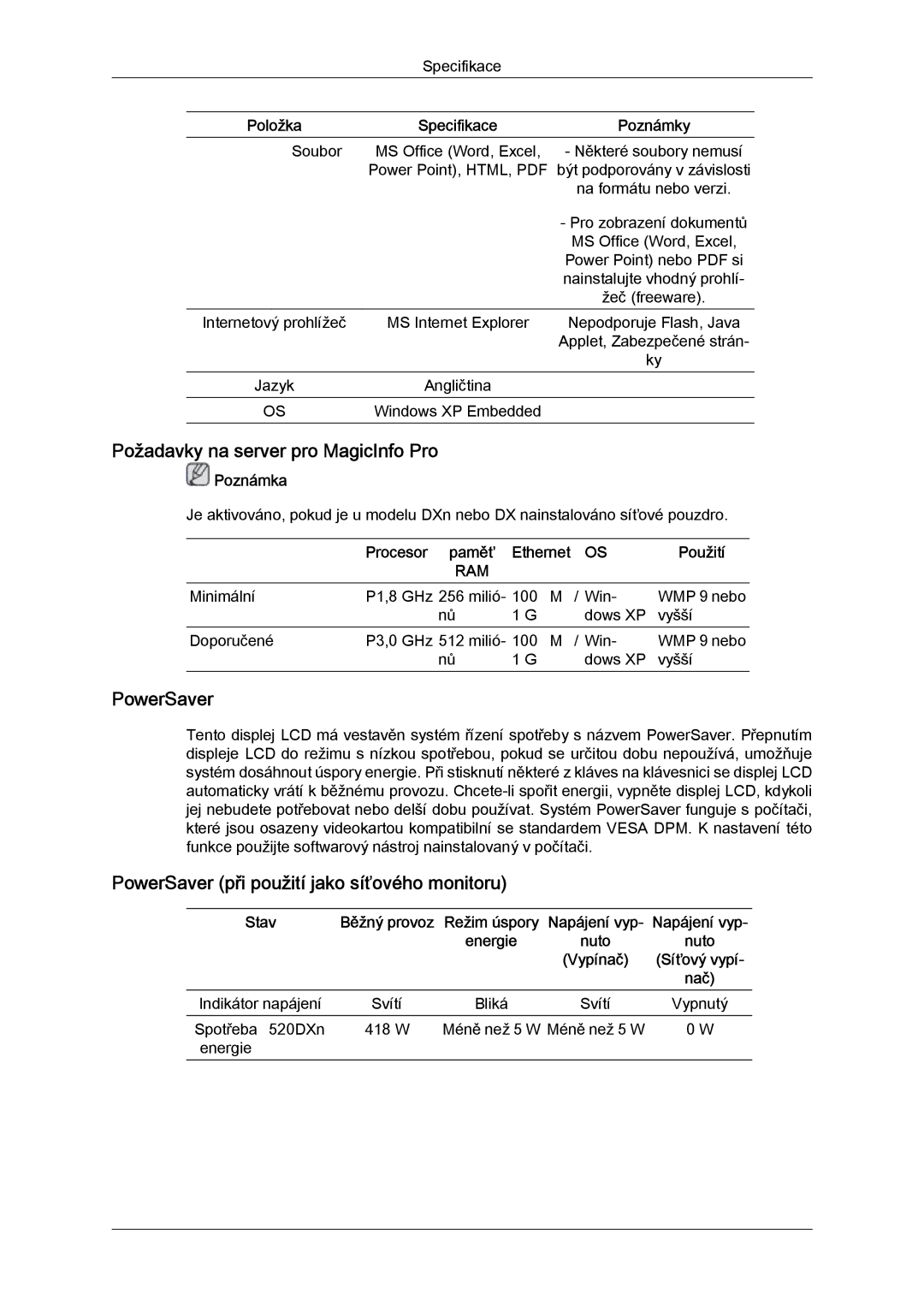 Samsung LH52BPTLBC/EN manual Požadavky na server pro MagicInfo Pro, PowerSaver při použití jako síťového monitoru 