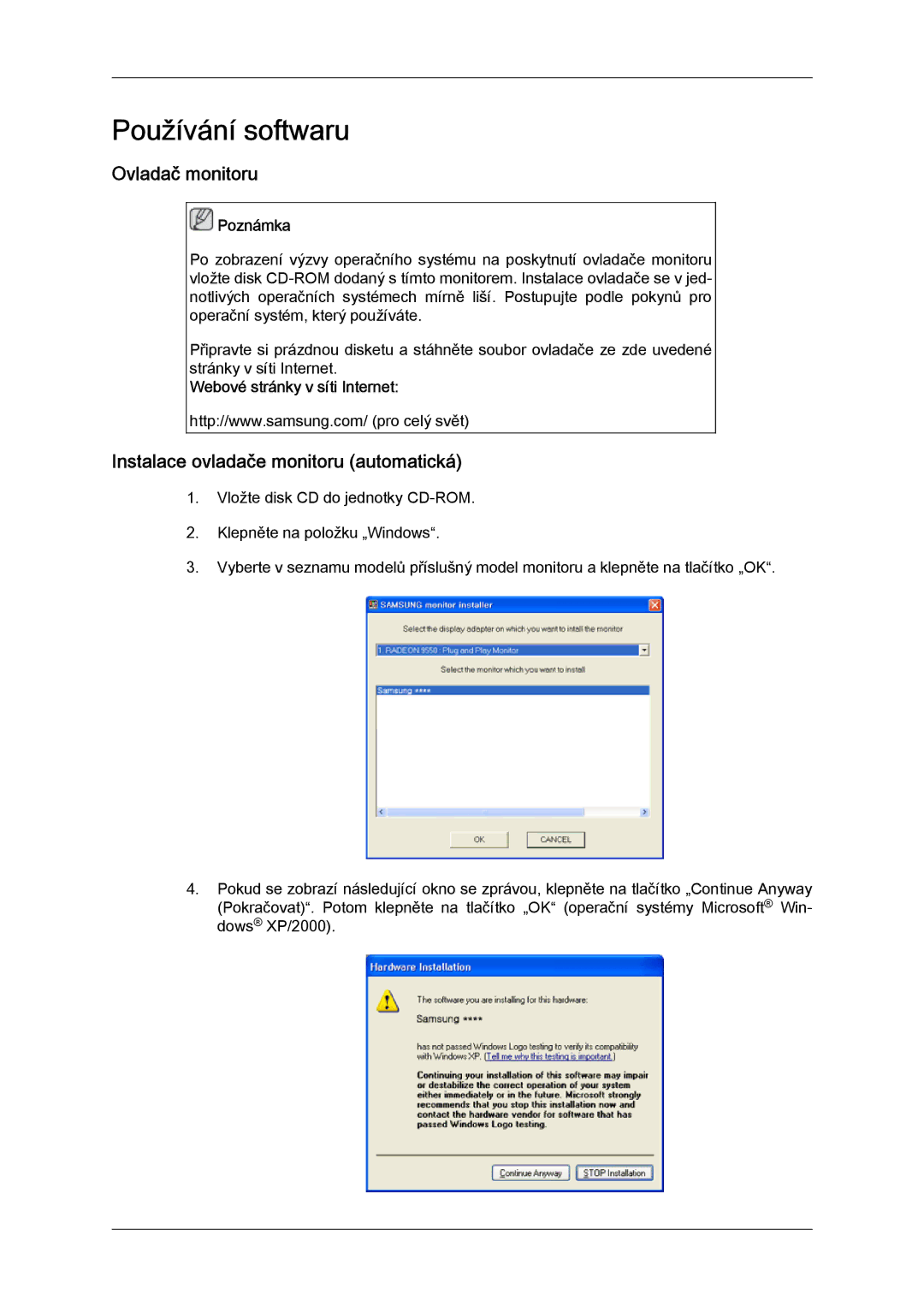 Samsung LH52BPTLBC/EN manual Ovladač monitoru, Instalace ovladače monitoru automatická, Webové stránky v síti Internet 