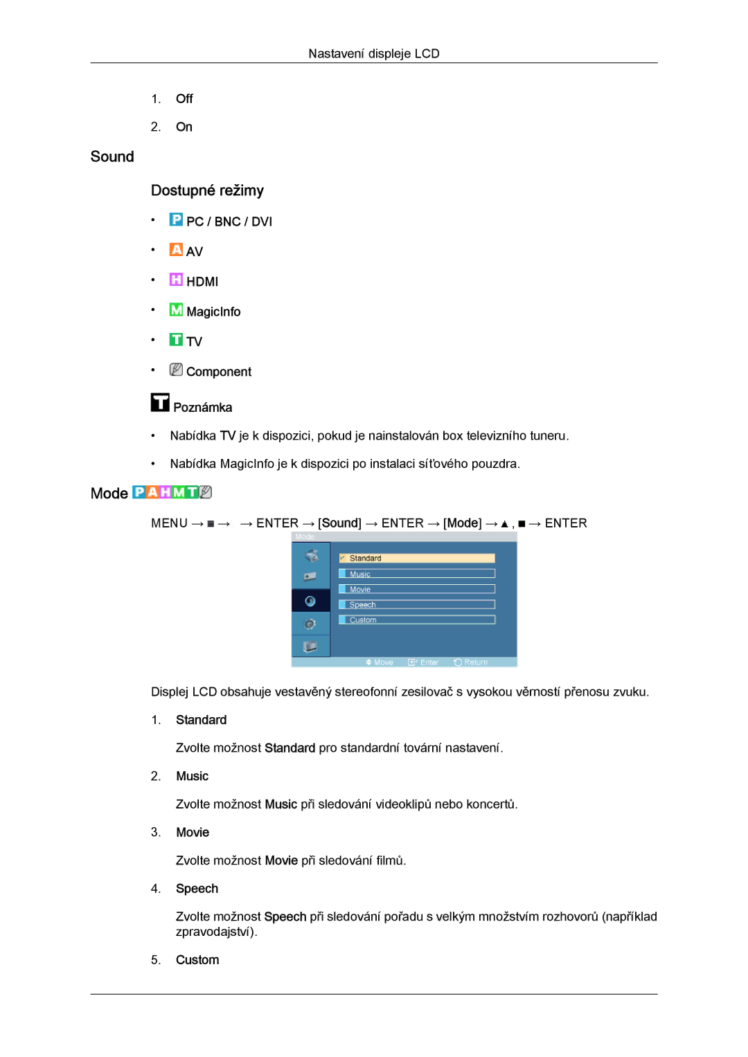 Samsung LH52BPPLBC/EN, LH52BPTLBC/EN manual Sound Dostupné režimy, Music, Speech 