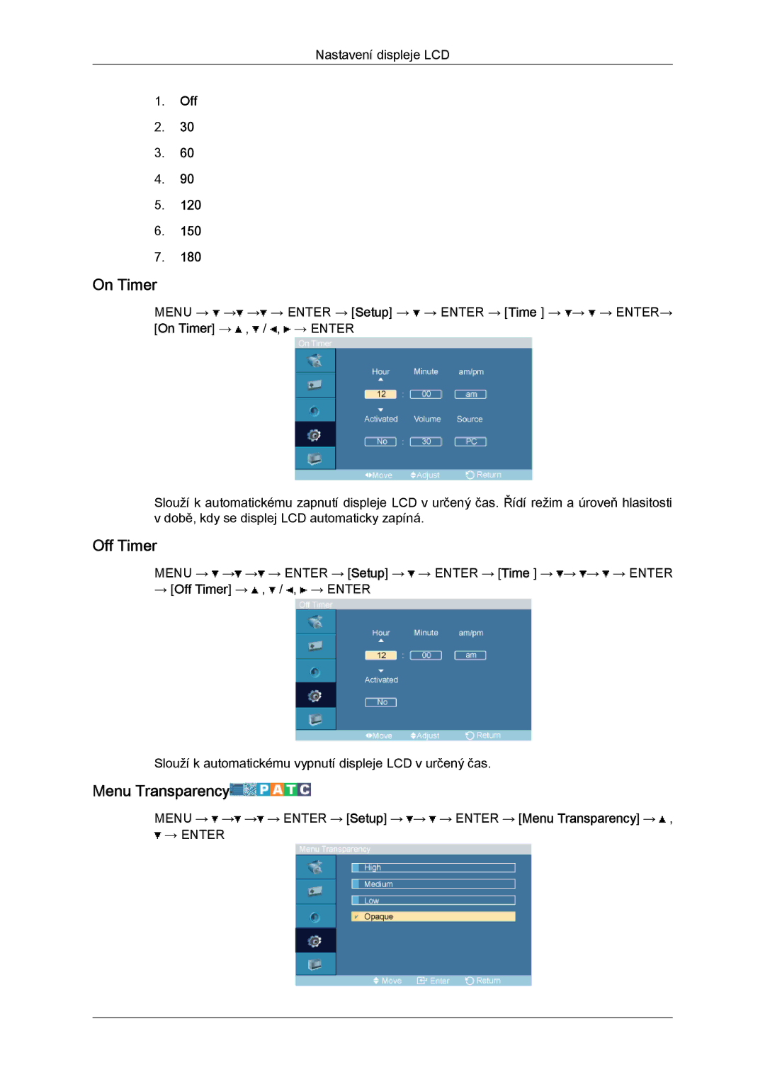 Samsung LH52BPPLBC/EN, LH52BPTLBC/EN manual On Timer, Off Timer, Menu Transparency 