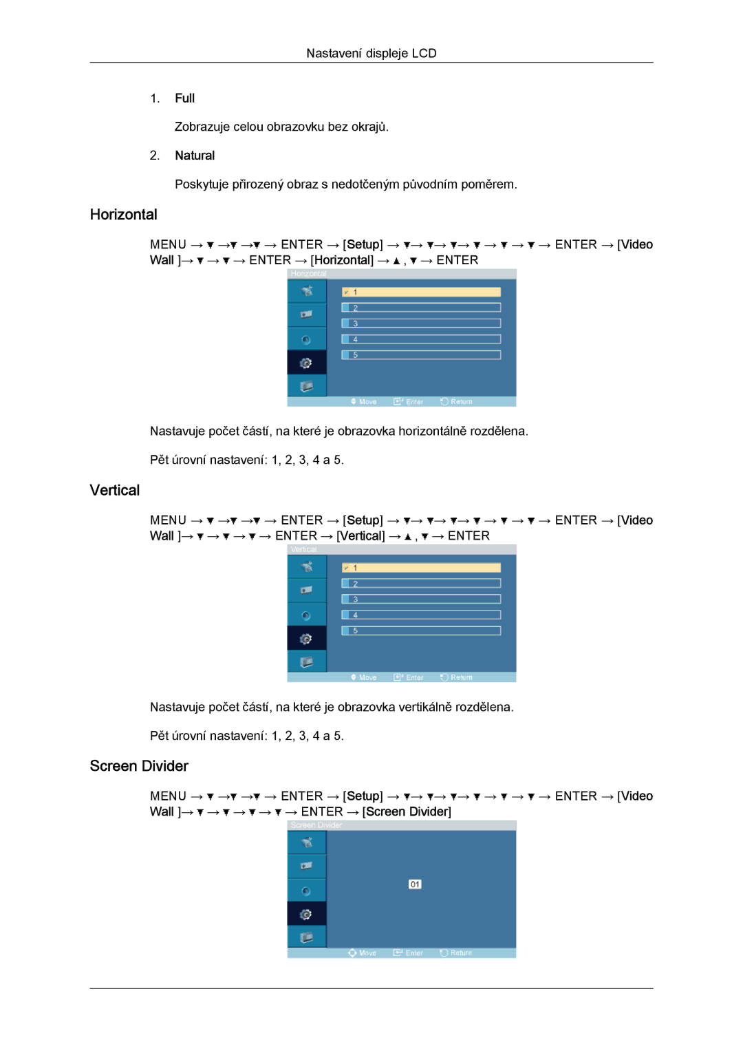 Samsung LH52BPTLBC/EN, LH52BPPLBC/EN manual Horizontal, Vertical, Screen Divider, Full, Natural 