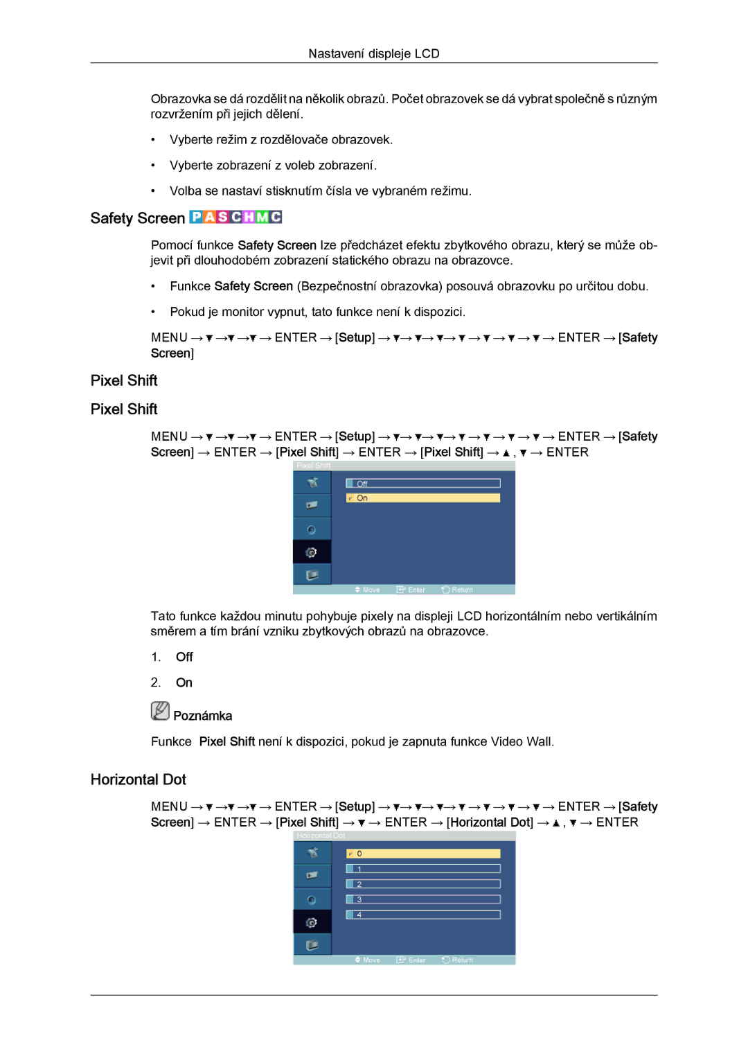 Samsung LH52BPPLBC/EN, LH52BPTLBC/EN manual Safety Screen, Pixel Shift, Horizontal Dot 