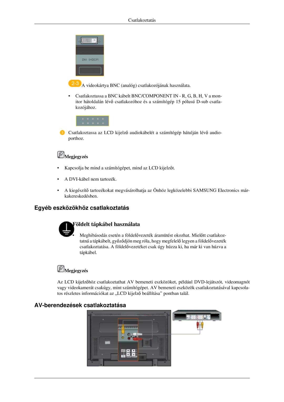 Samsung LH52BPTLBC/EN, LH52BPPLBC/EN manual Egyéb eszközökhöz csatlakoztatás, AV-berendezések csatlakoztatása 