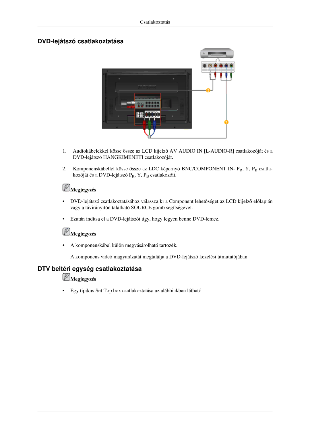 Samsung LH52BPTLBC/EN, LH52BPPLBC/EN manual DVD-lejátszó csatlakoztatása, DTV beltéri egység csatlakoztatása 