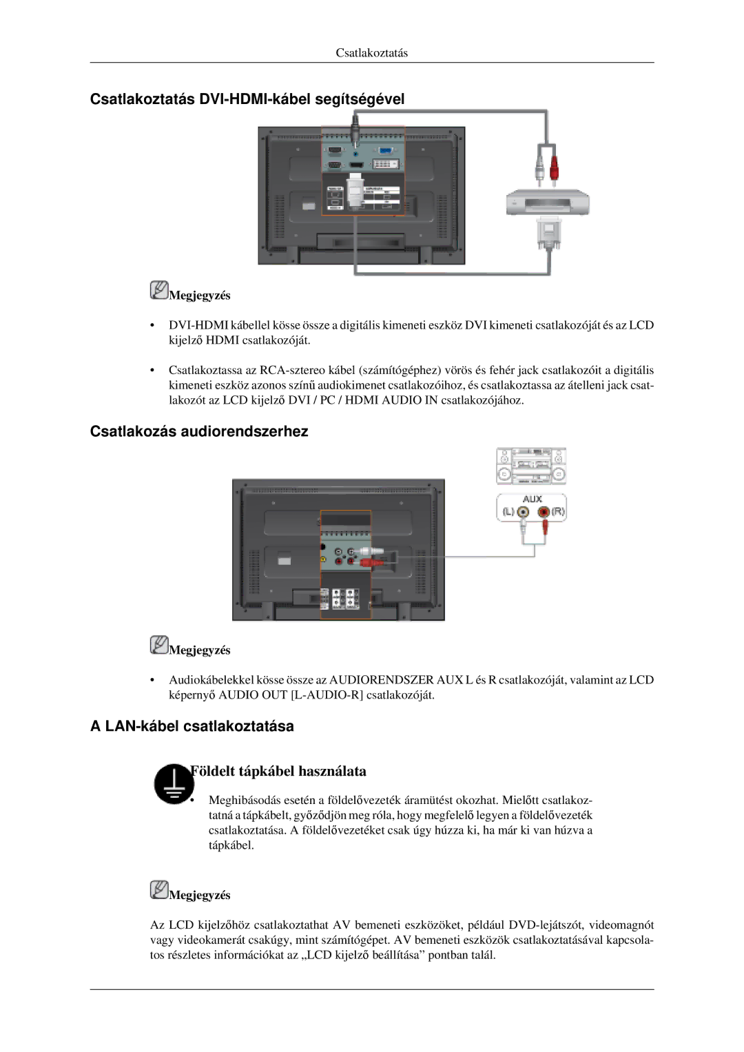 Samsung LH52BPTLBC/EN Csatlakoztatás DVI-HDMI-kábel segítségével, Csatlakozás audiorendszerhez, LAN-kábel csatlakoztatása 