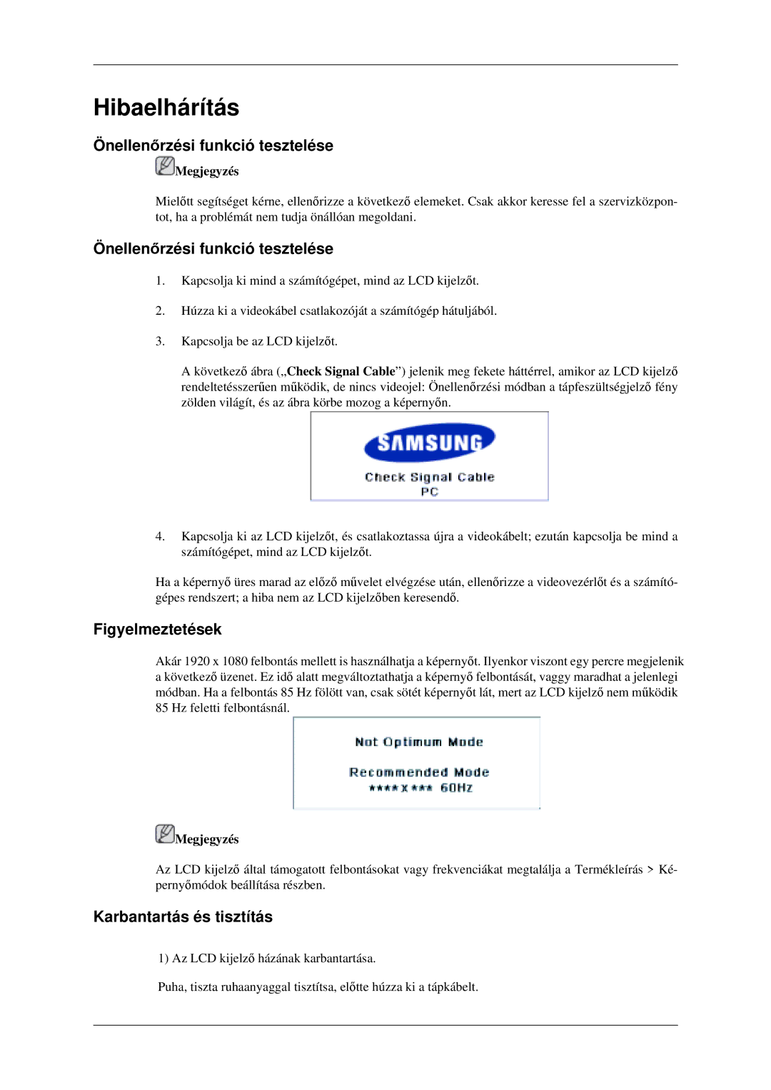 Samsung LH52BPTLBC/EN, LH52BPPLBC/EN manual Önellenőrzési funkció tesztelése, Figyelmeztetések, Karbantartás és tisztítás 