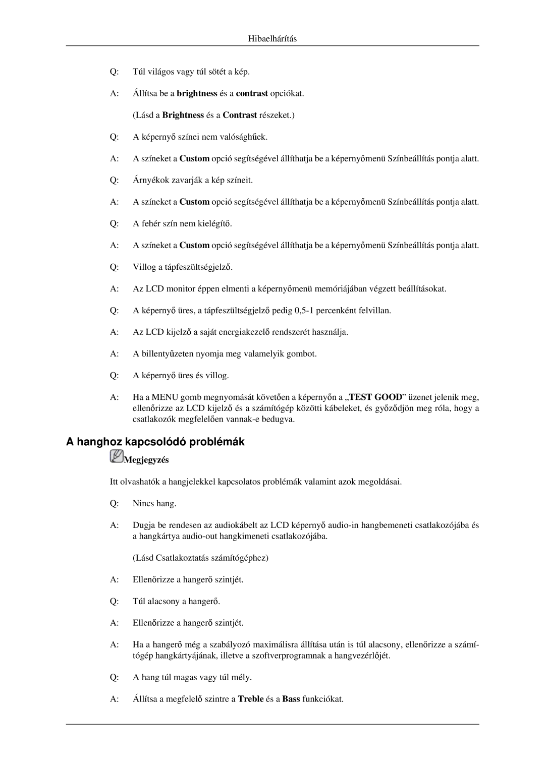 Samsung LH52BPPLBC/EN, LH52BPTLBC/EN manual Hanghoz kapcsolódó problémák 